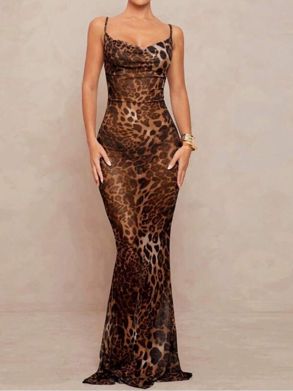 Leopard Print Slip Maxi Dress - Brown see through